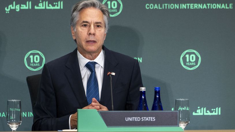 Secretary of State Antony Blinken gives the opening remarks during a meeting of the Global Coalition to Defeat ISIS Ministerial, at the State Department, Monday, Sept. 30, 2024 in Washington. (AP Photo/Kevin Wolf)