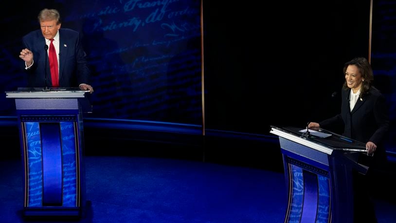 Republican presidential nominee former President Donald Trump and Democratic presidential nominee Vice President Kamala Harris participate during an ABC News presidential debate at the National Constitution Center, Tuesday, Sept.10, 2024, in Philadelphia. (AP Photo/Alex Brandon)