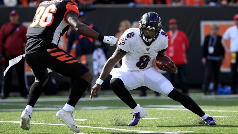 CINCINNATI, OH - JANUARY 03: Baltimore Ravens helmets sit on the sideline  during the game against the Baltimore Ravens and the Cincinnati Bengals on  January 3, 2021, at Paul Brown Stadium in