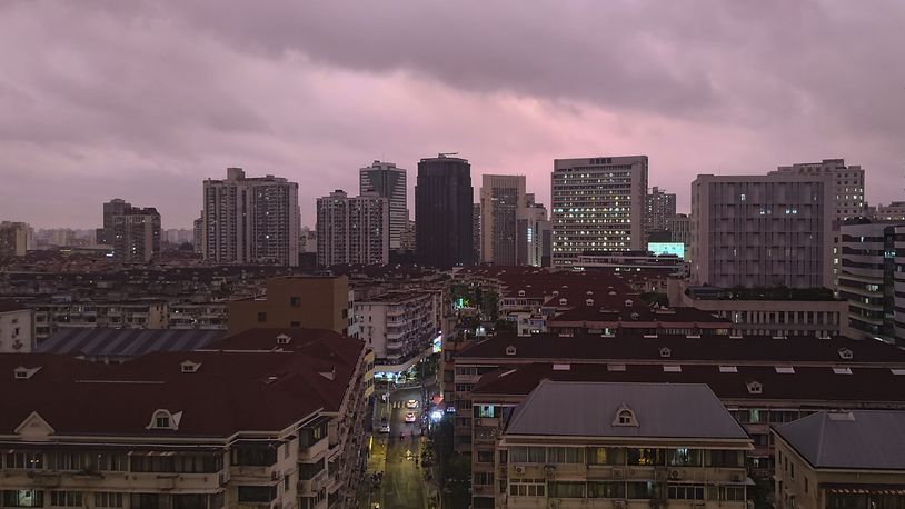 A view of pink cloudy skyline is seen in Shanghai, China, Sunday, Sept. 15, 2024. (Chinatopix Via AP)