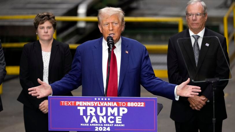 Republican presidential nominee former President Donald Trump speaks at a campaign event at Precision Components Group, Monday, Aug. 19, 2024, in York, Pa. (AP Photo/Matt Slocum)