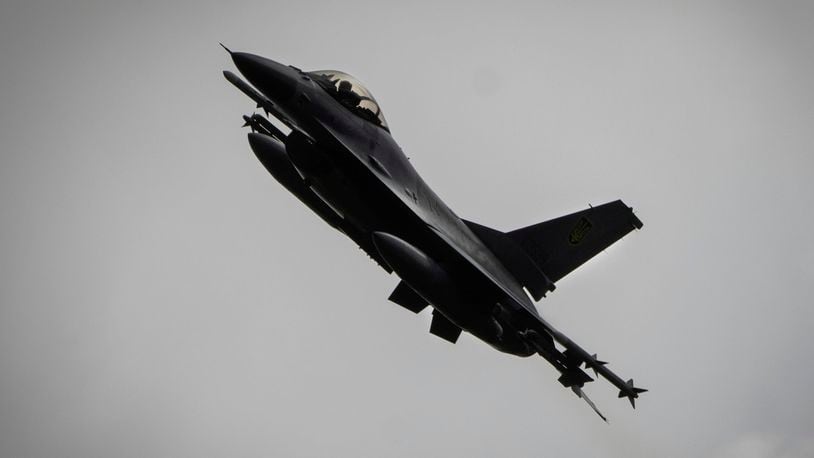 In this photo taken Sunday, Aug. 4, 2024, the Ukrainian Air Force's F-16 fighter jet flies in an undisclosed location in Ukraine. One of the handful of F-16 warplanes that Ukraine has received from its Western partners to help fight Russia's invasion crashed on Monday, Aug. 26, when Russia launched a major missile and drone barrage at Ukraine, Ukraine's military officials said on Thursday, Aug. 29, 2024. (AP Photo/Efrem Lukatsky)