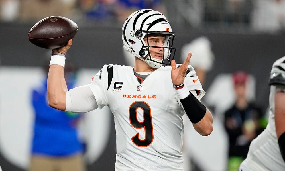 Cincinnati Bengals quarterback Joe Burrow throws during the first half of an NFL football game against the Los Angeles Rams Monday, Sept. 25, 2023, in Cincinnati. (AP Photo/Darron Cummings)