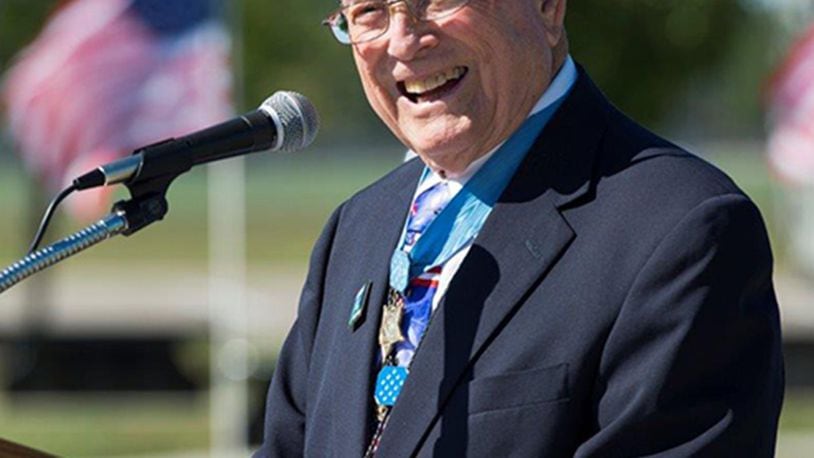 Medal of Honor recipient Hershel ‘Woody’ Williams provides remarks as the featured speaker during the groundbreaking ceremony for a new Gold Star Family Memorial at the National Museum of the U.S. Air Force, Wright-Patterson Air Force Base, Sept. 28. The crowd also heard remarks from Gold Star parents Jim and Leslie Groves in addition to others during the ceremony. (U.S. Air Force photo/Wesley Farnsworth)