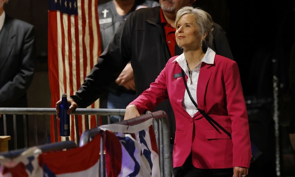 Butler County Auditor Nancy Nix was part if the crowd gathered to rally for Bernie Moreno, Republican candidate for U.S. Senate, Wednesday, Feb. 28, 2024 at Lori's Roadhouse in West Chester Township. Donald Trump Jr. and former GOP presidential candidate Vivek Ramaswamy joined in supporting Moreno. NICK GRAHAM/STAFF