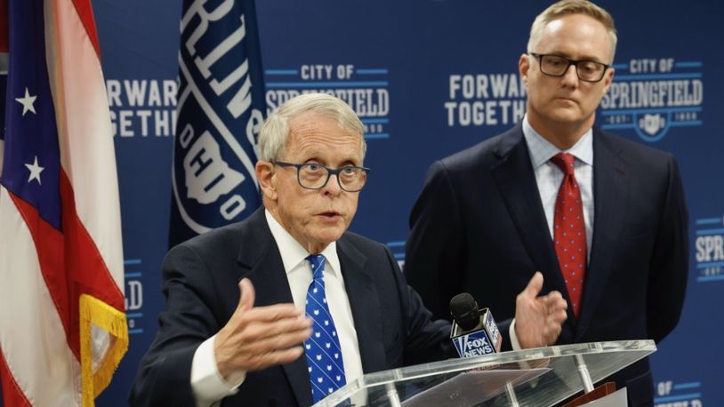 Ohio Gov. Mike DeWine speaks at a press conference announcing health resources for Springfield Thursday, Sept. 19, 2024. BILL LACKEY/STAFF