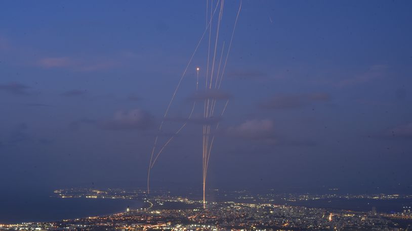 Israeli Iron Dome air defense system fires to intercept rockets that were launched from Lebanon, as seen from Haifa, northern Israel, Monday, Sept. 23, 2024. (AP Photo/Baz Ratner)