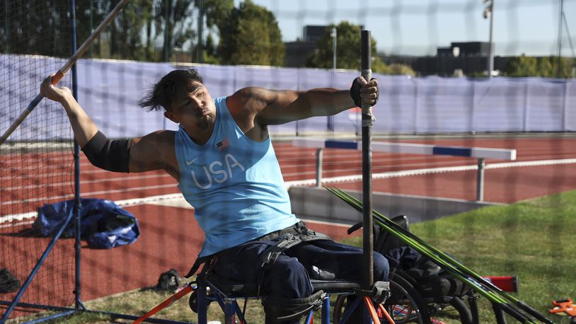 Justin Phongsavanh of the U.S. throws his javelin at the U.S. High Performance Center during the Paralympic Games in Paris on Wednesday, Aug. 28, 2024. (AP Photo/Avni Trivedi)