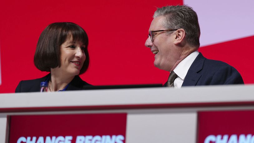 Britain's Prime Minister Keir Starmer and Chancellor of the Exchequer Rachel Reeves attend the Labour Party Conference in Liverpool, England, Sunday Sept. 22, 2024. (Peter Byrne/PA via AP)