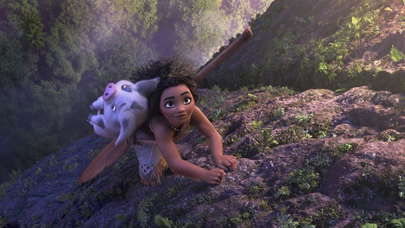 This image released by Disney shows Moana, voiced by Auli'i Cravalho, and her pig Pua, in a scene from "Moana 2." (Disney via AP)