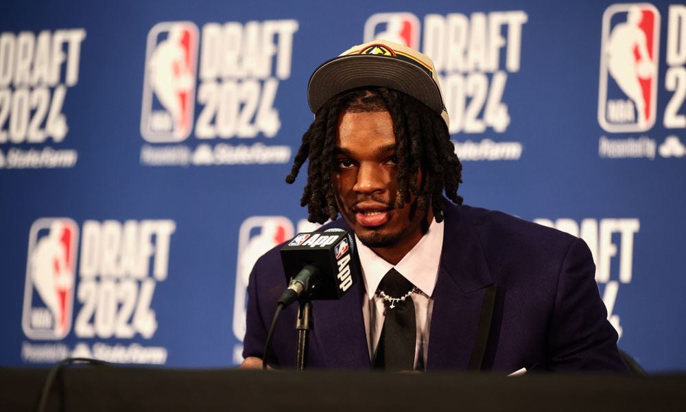 DaRon Holmes II speaks at a press conference after being selected with the No. 22 pick in the NBA Draft on Wednesday, June 26, 2024, at the Barclays Center in Brooklyn, N.Y. David Jablonski/Staff