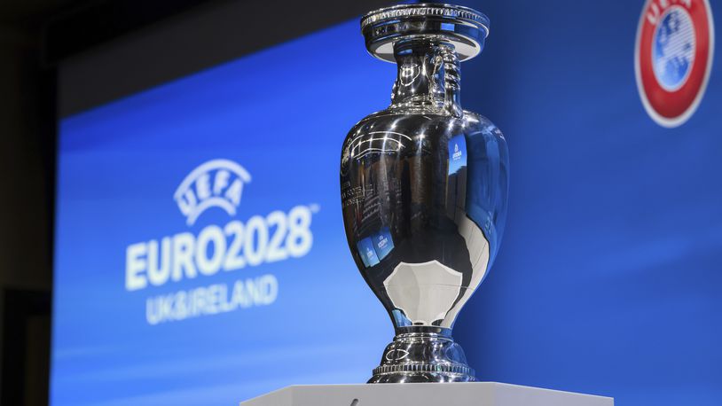 FILE - The UEFA Euro trophy is pictured after Britain and Ireland were elected to host the Euro 2028 football tournament during the the UEFA EURO 2028 and 2032 hosts announcement ceremony after the UEFA Executive Committee, at UEFA Headquarters, in Nyon, Switzerland, Oct. 10, 2023. (Jean-Christophe Bott/Keystone via AP, File)