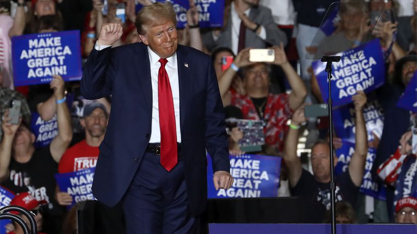 Republican presidential nominee former President Donald Trump gestures at a campaign rally at Bayfront Convention Center in Erie, Pa., Sunday, Sept. 29, 2024. (AP Photo/Rebecca Droke)