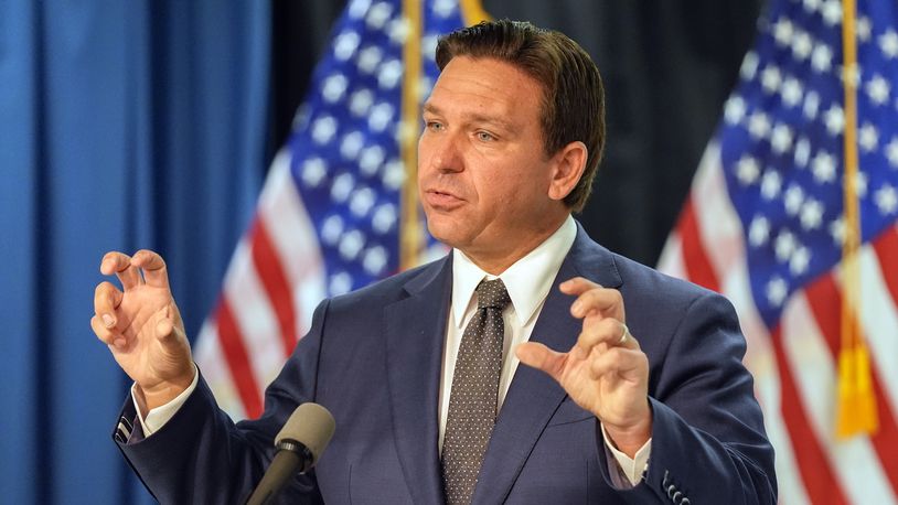 Florida Gov. Ron DeSantis delivers remarks and answers questions at a news conference Monday, Sept. 16, 2024, in Orlando, Fla. (AP Photo/John Raoux)