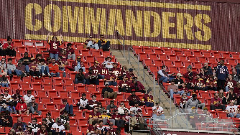 FILE - Fans watch the second half of an NFL football game between the Cleveland Browns and the Washington Commanders, Sunday, Jan. 1, 2023, at FedEx Field in Landover, Md. (AP Photo/Patrick Semansky, File)