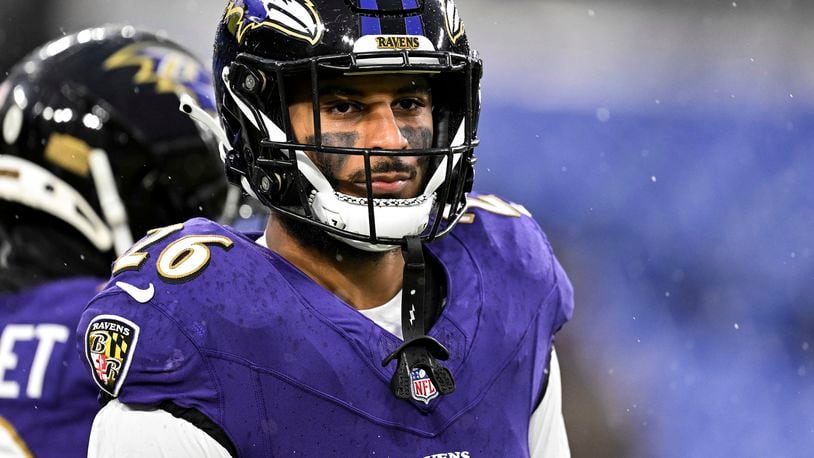 FILE - Baltimore Ravens safety Geno Stone looks on during warmups before an NFL football game against the Pittsburgh Steelers, Jan. 6, 2024, in Baltimore. Stone signed with the Bengals this offseason after four seasons with the Ravens. (AP Photo/Terrance Williams, File)