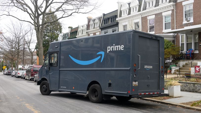An Amazon Prime truck pulls away after a delivery in Washington, D.C, in 2022. (Nicholas Kamm/AFP/Getty Images/TNS)