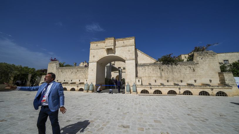 Journalists arrive to Borgo Egnazia luxury complex prior to a G7 world leaders summit at Borgo Egnazia, Italy, Thursday, June 13, 2024. (AP Photo/Luca Bruno)