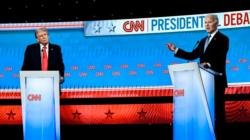 
                        FILE — President Joe Biden, right, during his debate with former President Donald Trump, left, in Atlanta on June 27, 2024. A post-debate poll by The New York Times and Siena College found that 74 percent of voters said Biden is too old for the job and that 42 percent say Trump is. (Kenny Holston/The New York Times)
                      