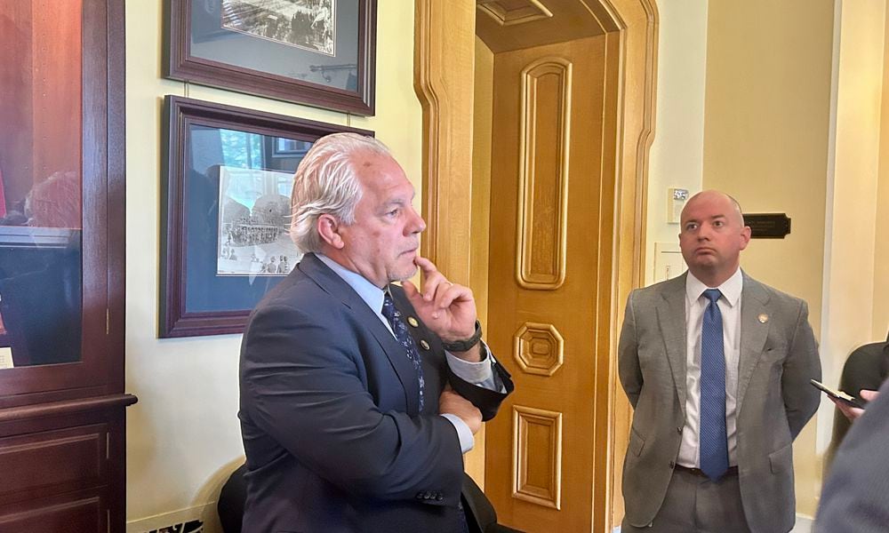 Montgomery County Rep. Phil Plummer, R-Butler Twp., holds an impromptu press conference on May 7, 2024. He told reporters he's considering legal action against the GOP House leader for his decision to remove Plummer and four other representatives from their committee posts following specific campaign donations.