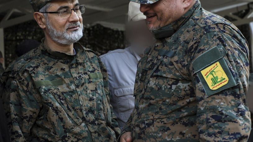 This undated photo provided by Hezbollah Military Media on Saturday, Sept. 21, 2024, shows Hezbollah commander Ibrahim Akil, left, with another unidentified Hezbollah commander. (Hezbollah Military Media vía AP)