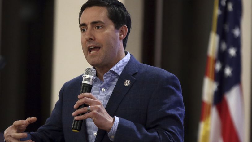 Ohio Secretary of State Frank LaRose speaks to the Fairfield County Lincoln Republican Club in Pickerington, Ohio, Thursday, March 24, 2022. (AP Photo/Paul Vernon)