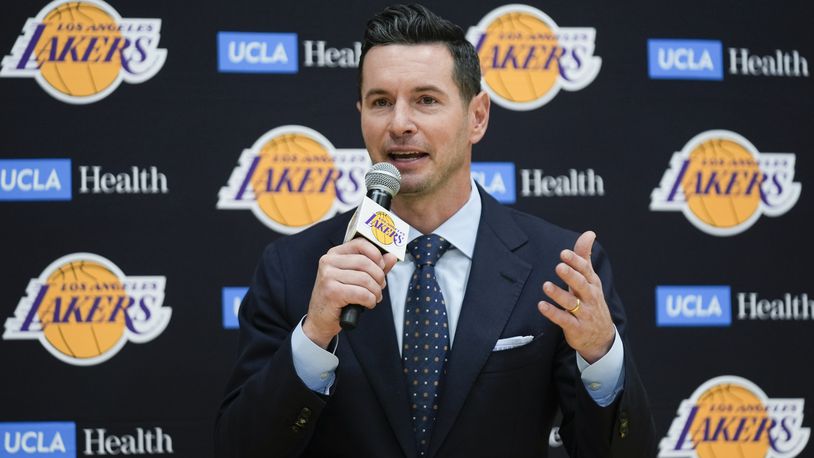 JJ Redick speaks after being introduced as the new head coach of the Los Angeles Lakers NBA basketball team Monday, June 24, 2024, in El Segundo, Calif. (AP Photo/Damian Dovarganes)