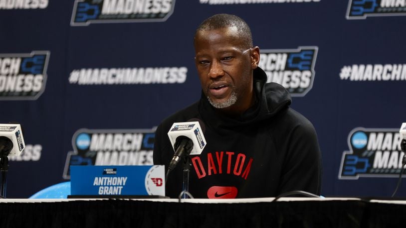 Dayton's Anthony Grant speaks at a press conference on Friday, March 22, 2024, at the Delta Center in Salt Lake City, Utah. David Jablonski/Staff