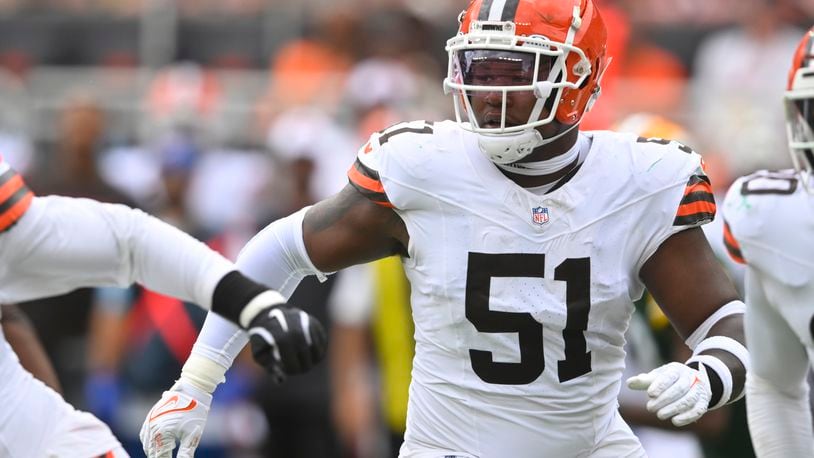 FILE - Cleveland Browns defensive tackle Mike Hall Jr. (51) works at the line of scrimmage during an NFL preseason football game against the Green Bay Packers, Saturday, Aug. 10, 2024, in Cleveland. (AP Photo/David Richard, File)