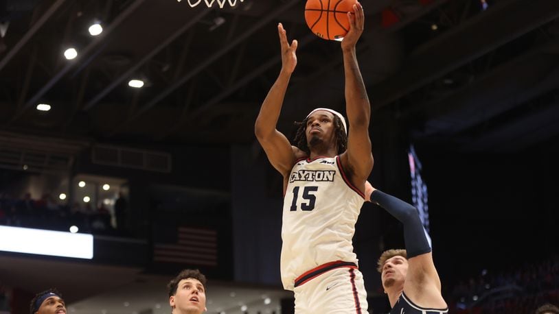 Dayton's DaRon Holmes II scores against Longwood on Saturday, Dec. 30, 2023, at UD Arena. David Jablonski/Staff