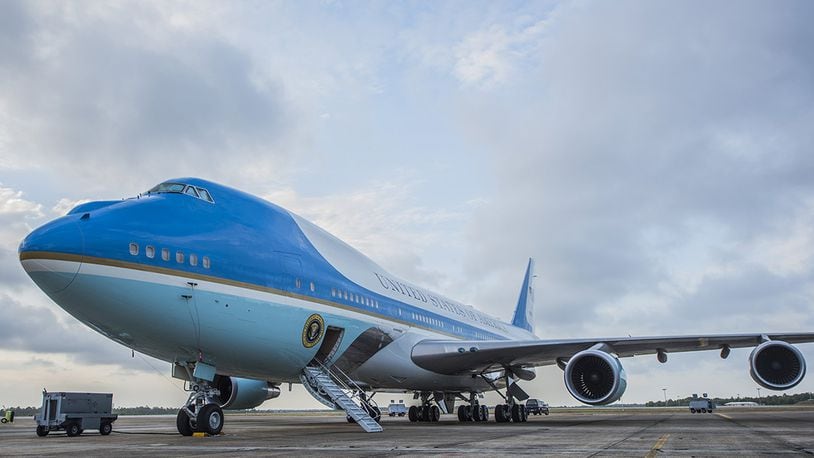 A Boeing 747 VC-25A sits on the flightline April 19, 2017, at Eglin Air Force Base, Fla. The aircraft is one of two VC-25As assigned to the Presidential Airlift Group, 89th Airlift Wing at Joint Base Andrews, Maryland. The VC-25A is commonly known as Air Force One, although that radio call sign is reserved and used exclusively when the president of the United States is aboard any U.S. Air Force aircraft. (U.S. Air Force photo/Ilka Cole)