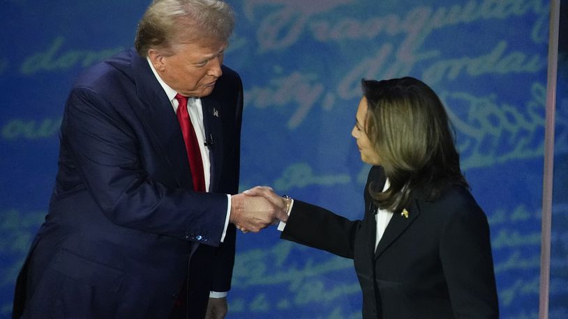 Republican presidential nominee former President Donald Trump and Democratic presidential nominee Vice President Kamala Harris shake hands before the start of an ABC News presidential debate at the National Constitution Center, Tuesday, Sept. 10, 2024, in Philadelphia. (AP Photo/Alex Brandon)