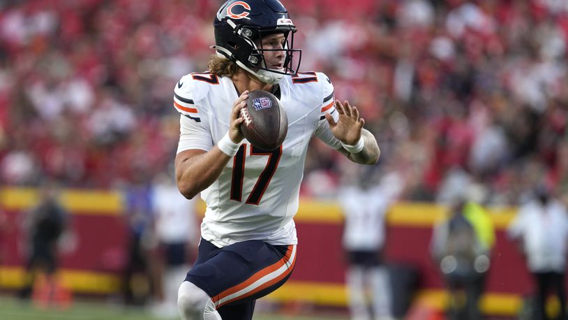 Chicago Bears quarterback Tyson Bagent scores on a touchdown run during the first half of an NFL preseason football game against the Kansas City Chiefs Thursday, Aug. 22, 2024, in Kansas City, Mo. (AP Photo/Ed Zurga)