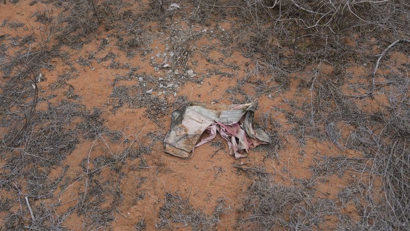 A piece of clothing lies in the bush near the forest where dozens of bodies were found in shallow graves in the village of Shakahola, near the coastal city of Malindi, in southern Kenya, on Thursday, Sept. 5, 2024. (AP Photo/Brian Inganga)