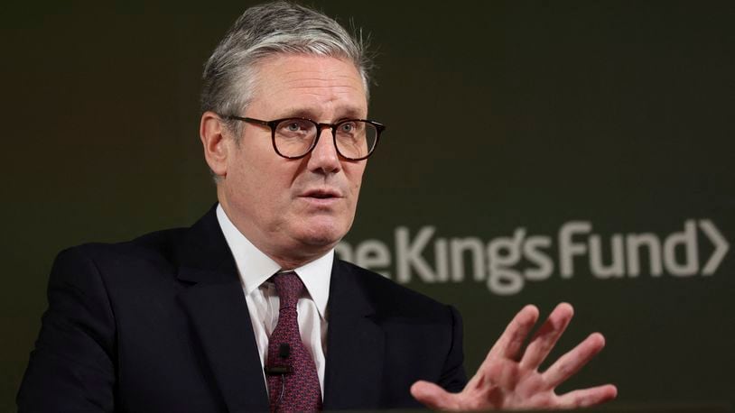 Britain's Prime Minister Keir Starmer delivers a speech in London, Thursday Sept. 12, 2024. (Isabel Infantes/Pool Photo via AP)