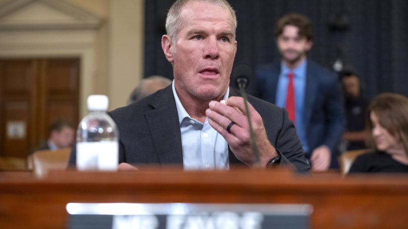 Former NFL quarterback Brett Favre appears before the House Committee on Ways and Means on Capitol Hill, Tuesday, Sept. 24, 2024, in Washington. (AP Photo/Mark Schiefelbein)