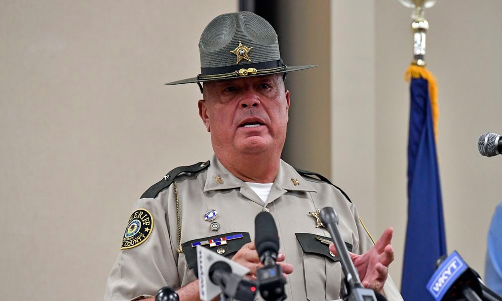 Laurel County sheriff John Root gives an update at the London Community Center in London, Ky., Sunday, Sept. 8, 2024, on the efforts to find the suspect in the Saturday shooting at Interstate 75 near Livingston, Ky. (AP Photo/Timothy D. Easley)