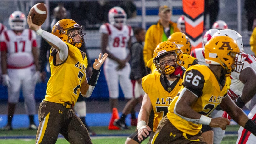 Alter's Gavin Connor throws a pass earlier this season. Connor and the Knights routed Steubenville on Friday night to reach the Division IV state championship game. FILE PHOTO