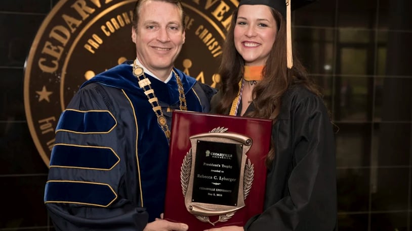 Rebecca Lybarger awarded the President's Trophy during Cedarville University's 122nd commencement ceremony.