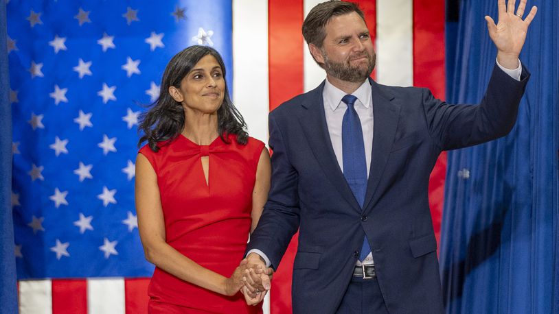 FILE - Republican vice presidential candidate Sen. JD Vance, R-Ohio, and his wife Usha Vance arrive to speak at a campaign rally, July 27, 2024, in St. Cloud, Minn. (AP Photo/Alex Brandon, File)