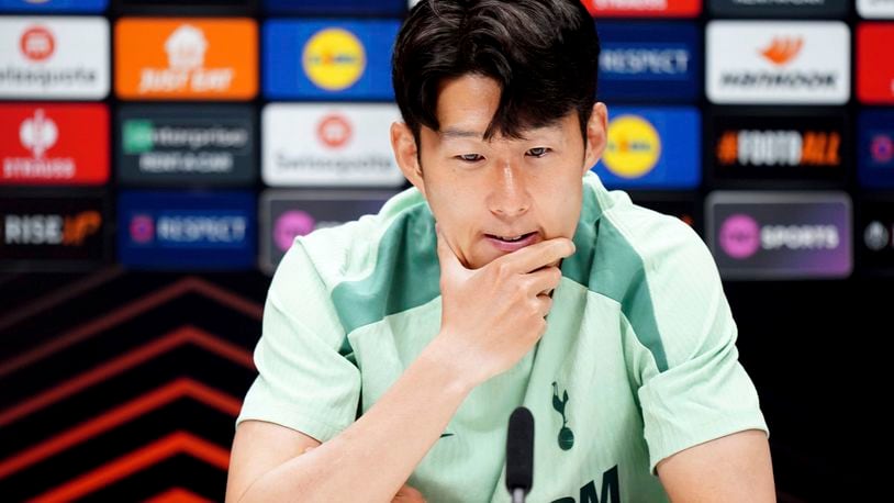 Tottenham Hotspur's Son Heung-Min, gestures during a press conferece, at Hotspur Way Training Ground, in London, Wednesday, Sept. 25, 2024, ahead of their Europa League soccer match against Qarabağ FK on Thursday. (Zac Goodwin/PA via AP)