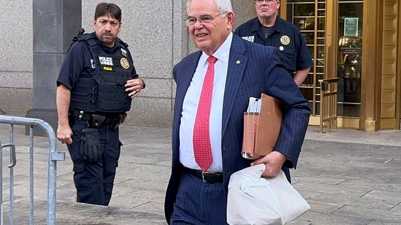 U.S. Sen. Bob Menendez, D-N.J., leaves federal court following the day's proceedings in his bribery trial, Thursday, June 20, 2024, in New York. Prosecutors showed jurors at Menendez's trial on Thursday multiple instances when he researched the value of gold as he tried to help a New Jersey businessman who authorities say bribed him with gold. (AP Photo/Larry Neumeister)