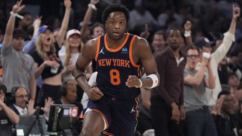 FILE - New York Knicks' OG Anunoby (8) runs up the court after hitting a shot against the Indiana Pacers during the first half of Game 2 in an NBA basketball second-round playoff series, May 8, 2024, in New York. Anunoby intends to stay with the Knicks on a five-year contract worth more than $200 million, a person with knowledge of the details told The Associated Press. (AP Photo/Frank Franklin II, File)