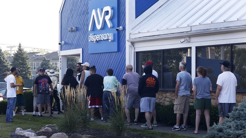 People lined up outside the ARY Dispensary, located at 4918 Airway Rd. Tuesday, Aug. 6, 2024 for the opening of recreational sales of marijuana. MARSHALL GORBY\STAFF