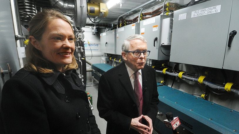 Ohio EPA director Anne Vogel and Ohio Gov.Mike DeWine visited Wright State University's Calamityville campus Monday, March 18, 2024 to officially launch Ohio's new statewide program to annihilate hazardous per- and polyfluoroalkyl substances (PFAS) in firefighting foam. MARSHALL GORBY\STAFF