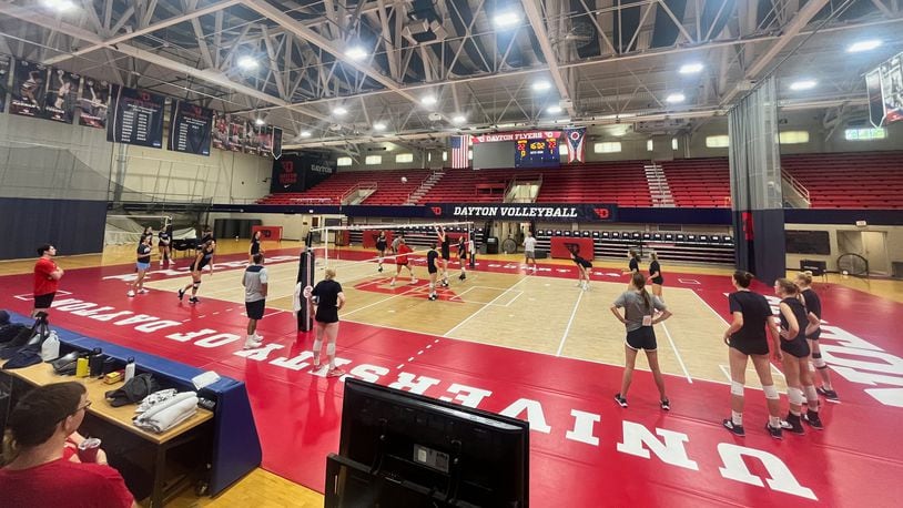 The Dayton volleyball team practices at the Frericks Center on Wednesday, Aug. 28, 2024. David Jablonski/Staff