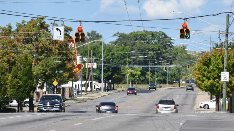 The Salem Avenue and Philadelphia Drive intersection in northwest Dayton. The intersection currently has four to seven lanes of traffic, depending on what part. CORNELIUS FROLIK / STAFF