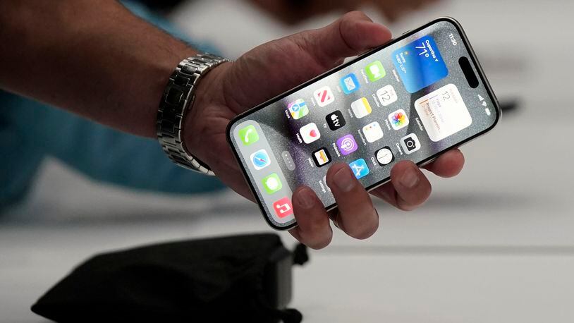 FILE - The iPhone 15 Pro is shown after its introduction on the Apple campus, Sept. 12, 2023, in Cupertino, Calif. (AP Photo/Jeff Chiu, File)