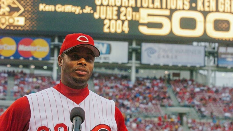 Ken Griffey jr speaks to the crowd at Great American Ballpark as he was honored before the Reds game vs the Pittsburgh Pirates for hitting his 500th home run. Cox  First Media file photo