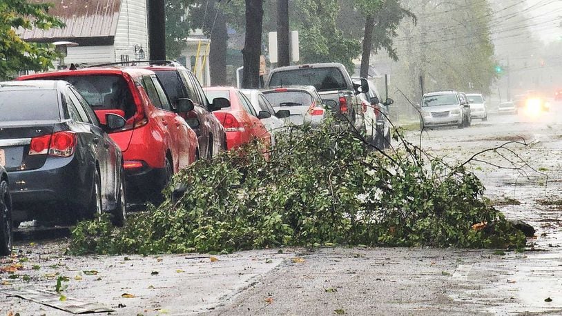 Tree branches block part of Yankee Road in Middletown after the remnants of Hurricane Helene brought high winds and heavy rain. NICK GRAHAM/STAFF